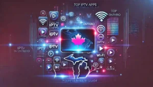 A futuristic digital graphic showcasing IPTV apps in Ontario, featuring a glowing TV screen, streaming icons, and a high-tech Ontario map in a deep purple-blue theme.