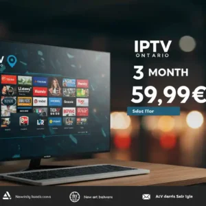 A sleek monitor displaying an OntarioIPTV interface with a grid of colorful channel icons, placed on a wooden desk. The background is a blurred cityscape with warm bokeh lights. The text on the right highlights a 3-month subscription offer for €59.99, with a "Select Plan" button.