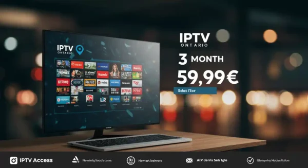 A sleek monitor displaying an OntarioIPTV interface with a grid of colorful channel icons, placed on a wooden desk. The background is a blurred cityscape with warm bokeh lights. The text on the right highlights a 3-month subscription offer for €59.99, with a "Select Plan" button.