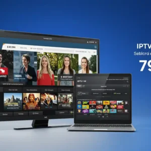 IPTV Ontario 6-month package displayed on a TV and laptop screen with a price of 79.9€