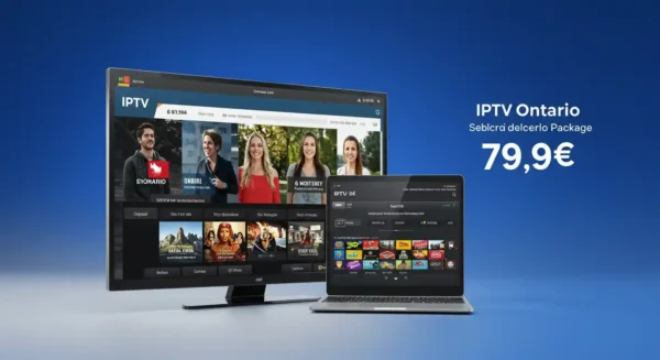 IPTV Ontario 6-month package displayed on a TV and laptop screen with a price of 79.9€