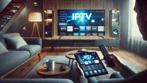 A modern IPTV Ontario HD streaming setup in a cozy living room, featuring a smart TV displaying an IPTV interface and a user navigating channels.