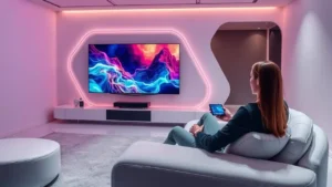A woman sits on a sleek white couch in a futuristic living room, watching a vibrant, colorful display on a large flat-screen TV mounted on a curved wall with pink ambient lighting. She holds a smartphone, likely controlling the IPTV system, while a soundbar rests below the screen.