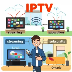 Illustration of IPTV services in Canada, showing streaming TV screens, a remote user in Ontario, and app icons, highlighting easy access to digital entertainment.