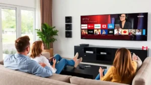Family watching English IPTV canada channels on a smart TV in a modern Canadian living room.