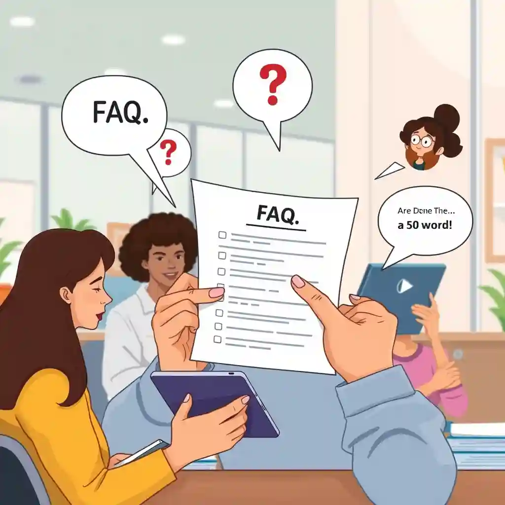 A cartoon illustration showing a group of people in an office setting, discussing an FAQ document. One person is holding up the FAQ sheet, while others are engaged with tablets and asking questions.