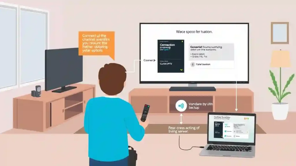 Person setting up IPTV on a TV in a living room, using a remote and laptop.