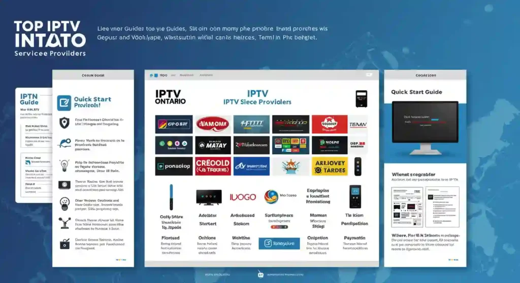 Infographic showing top IPTV service providers in Ontario with logos, features, and quick start guide