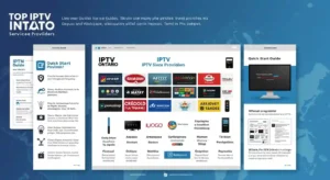 Infographic showing top IPTV service providers in Ontario with logos, features, and quick start guide