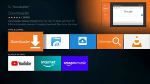 Amazon Fire TV App Store interface showing popular apps like Downloader, YouTube, Amazon Music, and others.