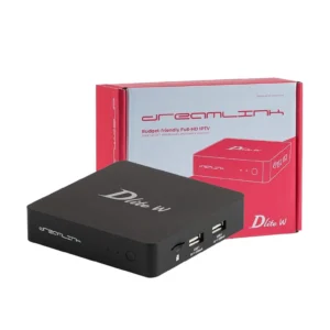 DreamLink Dlite W IPTV streaming device with its packaging, showcasing a compact design and multiple connectivity options.