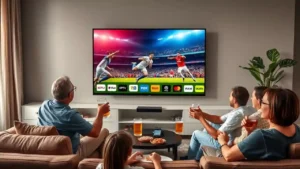 A group of people sitting in a cozy living room, enjoying a soccer match on a large TV screen. The TV displays vibrant graphics with multiple IPTV logos at the bottom, indicating various streaming services.