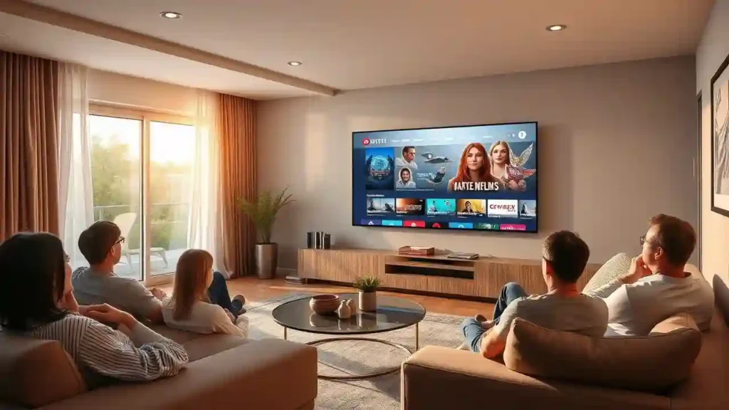 A cozy living room scene featuring a group of people sitting on comfortable couches, enjoying an IPTV Ontario HD streaming service displayed on a large flat-screen TV. The TV screen shows a vibrant interface with various entertainment options, including sports and movies. Natural light streams in through large windows with curtains, creating a warm and inviting atmosphere.