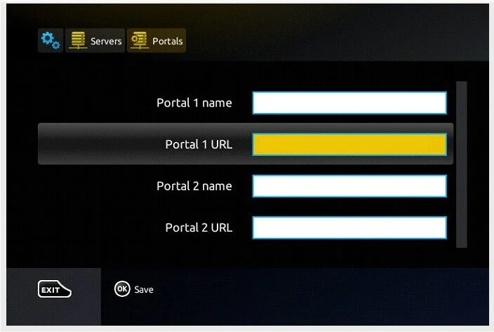Portal configuration screen with fields for entering Portal 1 name, Portal 1 URL, Portal 2 name, and Portal 2 URL.