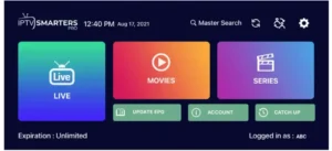 Dashboard of IPTV Smarters Pro with options for Live TV, Movies, and Series. Includes buttons for updating the EPG, managing the account, and catching up on missed content.