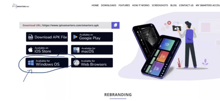 IPTV Smarters Pro download options for Android, iOS, macOS, Windows, and web browsers, with a focus on Windows OS availability.
