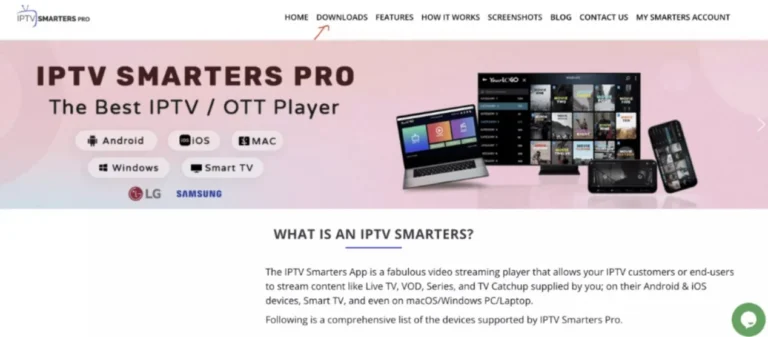 IPTV Smarters Pro website homepage showcasing its capabilities as an IPTV/OTT player for multiple devices.