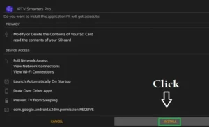 Application installation permissions screen for IPTV Smarters Pro, listing privacy and device access requirements.