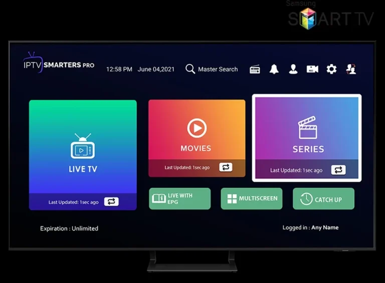 Samsung Smart TV displaying the IPTV Smarters Pro interface with options for Live TV, Movies, and Series. The screen shows last update times, EPG integration, multiscreen support, and catch-up functionality.