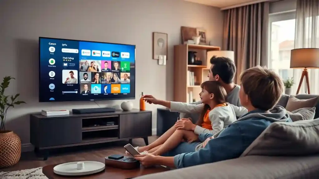 A family of three is sitting on a cozy couch in a modern living room, enjoying content on a large smart TV. The TV screen displays an IPTV interface with various streaming apps and channels, indicating the use of IPTV subscriptions. The room is well-lit with natural light coming through the window, and the decor includes shelves, plants, and a lamp, creating a warm and inviting atmosphere.