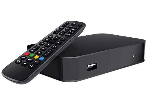 Black streaming device with a remote control, featuring navigation buttons and color-coded keys for multimedia functionality.