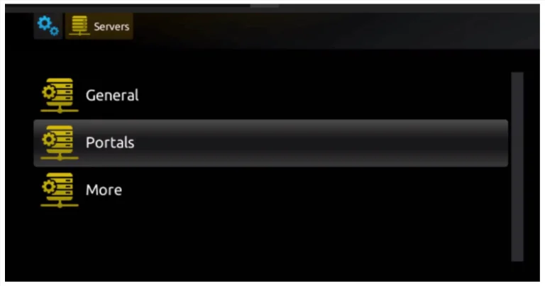 Servers menu with options for General, Portals, and More.