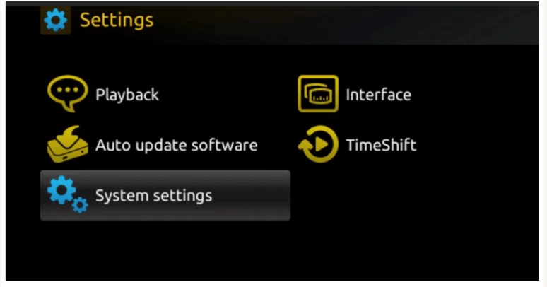 Settings menu with options for Playback, Interface, Auto update software, TimeShift, and System settings.