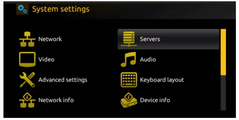 System settings menu with options for Network, Video, Advanced settings, Network info, Servers, Audio, Keyboard layout, and Device info.
