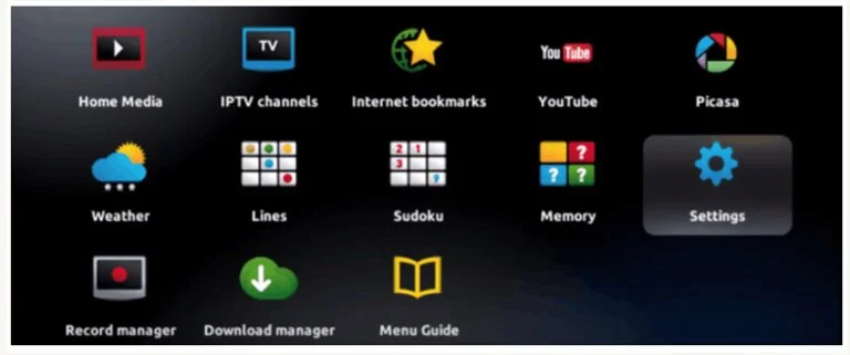User interface menu displaying icons for Home Media, IPTV channels, Internet bookmarks, YouTube, Picasa, Weather, Lines, Sudoku, Memory, Settings, Record manager, Download manager, and Menu Guide.