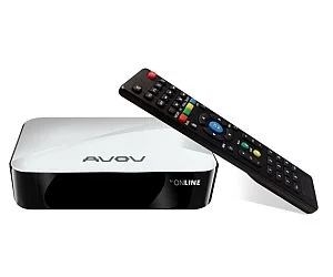 A UVV Q1-Online streaming device with a remote control, designed for IPTV and multimedia playback.