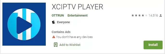 XCIPTV Player app listing on the Google Play Store, showing the app icon, name, developer information, and installation options.