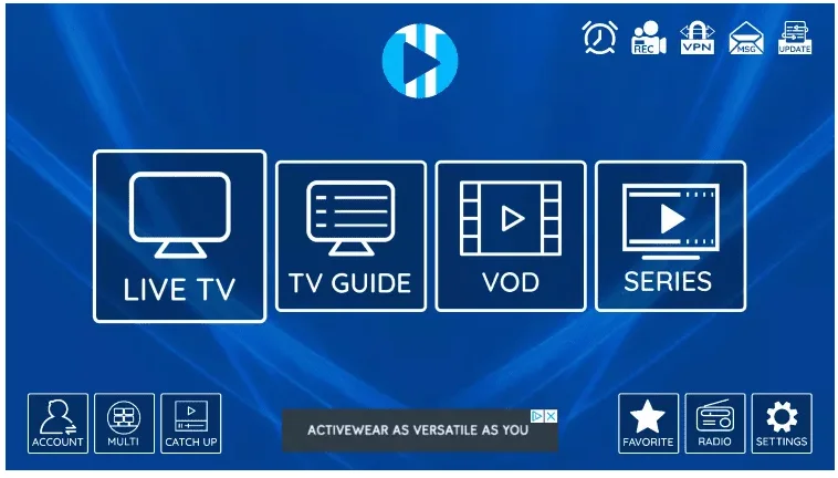 Main menu of the XCIPTV Player, offering options for Live TV, TV Guide, VOD, Series, Account, Multi, Catch Up, Favorites, Radio, and Settings