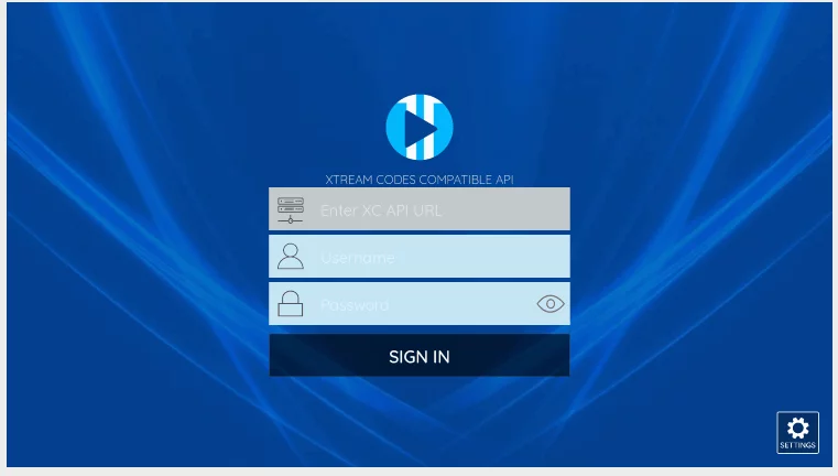 Sign-in screen for the XCIPTV Player, requiring users to enter an XC API URL, username, and password.