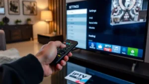 A hand holding a remote control is pointing towards a smart TV screen displaying an IPTV settings menu. The TV interface shows various options like "Settings," "IPTV," and other apps, with the IPTV logo prominently visible on the screen.