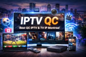 IPTV QC streaming service interface with live TV, sports, movies and Montreal city background